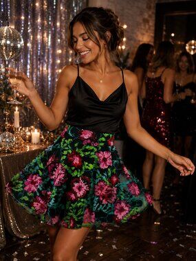 NWT GeeGee L Floral Sequin Embroidered Mesh Skater Mini Skirt Y2K Party Glam